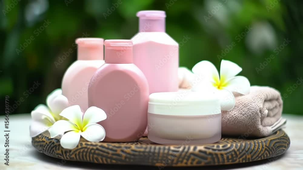 Elegant skincare products surrounded by flowers on a textured plate. Elegant skincare products surrounded by flowers on a textured plate.