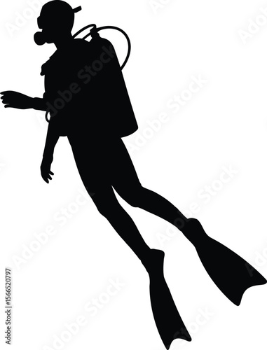 Silhouette of a scuba diver swimming underwater with fins and oxygen tank