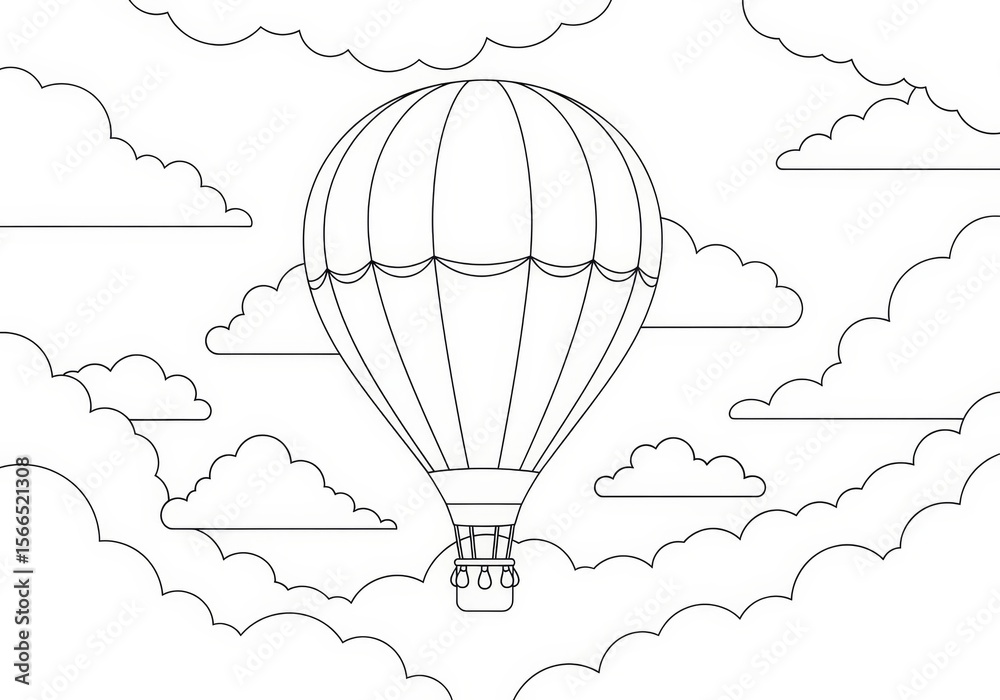 Obraz premium Hot Air Balloon Adventure Coloring Page - A whimsical hot air balloon floats amidst fluffy clouds, symbolizing adventure, freedom, dreams, exploration, and serenity.