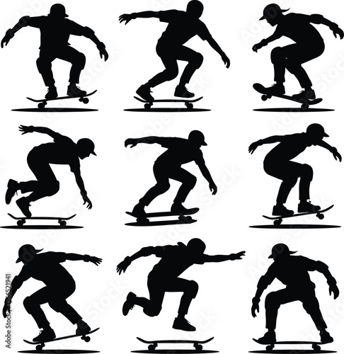 Collection of nine black silhouettes of skateboarders performing various tricks