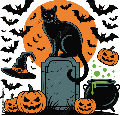 Spooky halloween scene with black cat on tombstone surrounded by pumpkins bats and cauldron