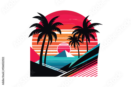 palm trees, sunset, silhouette, vibrant colors, geometric shapes, vector art, bold, graphic design, retro, 80s aesthetic white background