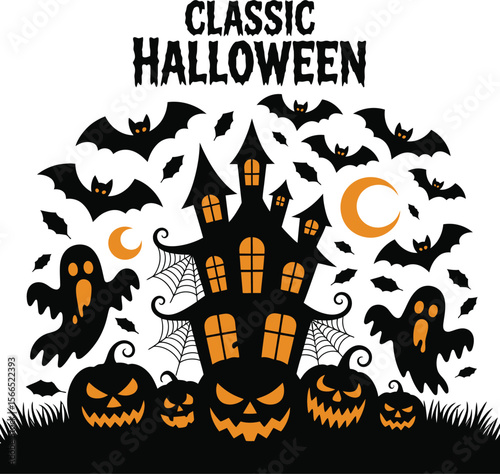 Classic halloween scene with haunted house pumpkins ghosts bats and moon