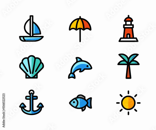 Sea and ocean icon pack featuring shells, fish, dolphins, boats, lighthouse, and palm trees. Ideal for nautical, marine, or beach-themed projects.