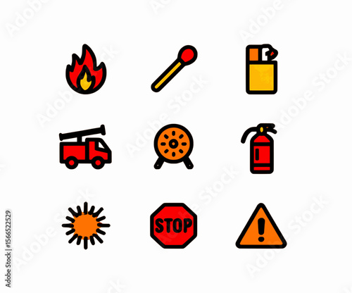 Fire and safety icon set featuring flames, lighters, fire trucks, hazard signs, and extinguishers. Great for emergency, warning, or fire safety visuals.