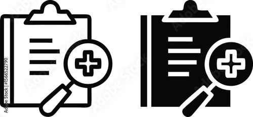 Medical Clipboard Document Search Icon with Magnifying Glass and Plus Sign in Black and White