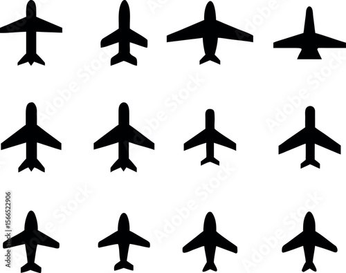 A grid of twelve simple, black airplane icons against a plain white background.