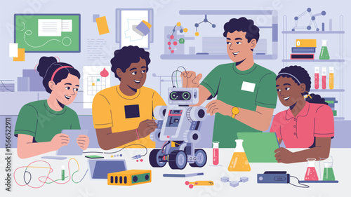 Diverse group of students learning robotics and science in a classroom setting