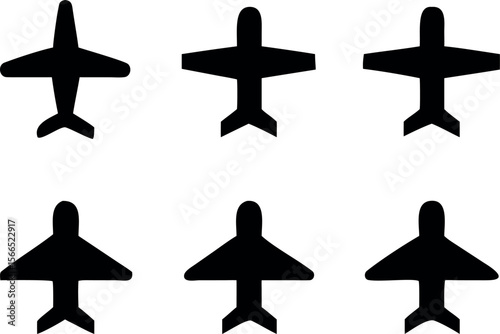 A grid of nine simple, black silhouette airplane icons, arranged in a 3x3 pattern on a white background.