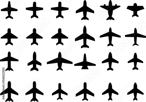 A collection of various airplane silhouettes in black on a white background.