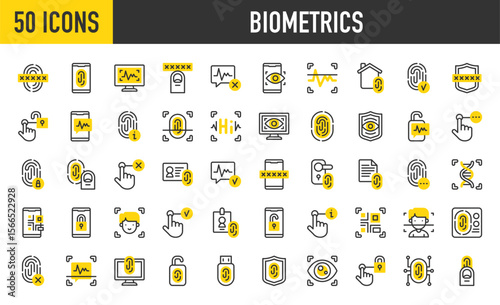 Biometrics icons. such as Information , Facial Recognition, Voice Recognition, Access, Eye Scan, Finger Scanner, Identification, Password, Barcode Scan, Facial stroke vector illustration.	
