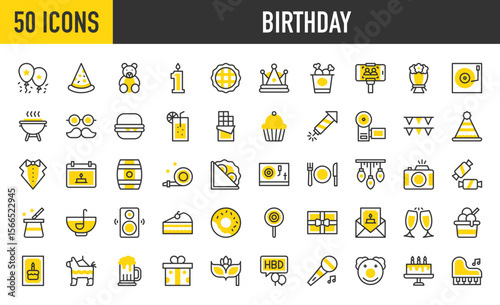 50 Birthday icons. such as Tie, Speaker, Piñata, Cupcake, Chocolate Bar, Piano, Party Blower, Plate, Candle, Balloons, Candy, Cheers, Clown, Crown, Disguise, Fireworks stroke vector illustrious.	
