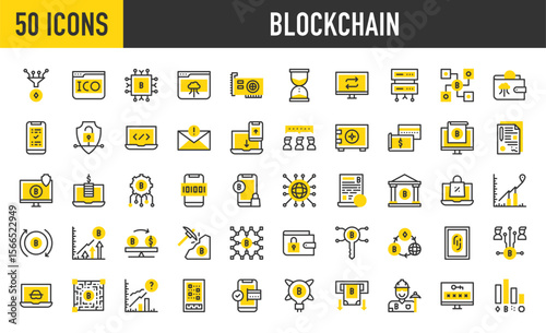 50 Blockchain icons. such as Prediction, Code, Secure, Exchange, Anonymous, Conversion, Analysis, Access, Distributed, Ico, Revenue, Consensus, Cryptocurrency vector stroke illustration.
