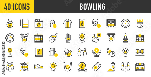 40 Bowling icons. such as Disco Ball, League, Calendar, Banner, Bowling Pins, Award, Cleaning, Ticket, Powder, Bag, Towel, Softdrink, Shirt, Player, Rotation, King stroke vector illustration.	
