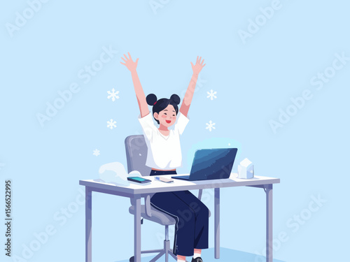 a clean modern aesthetic a happy person with raised arms celebrating next to a laptop on a desk, legs under the desk