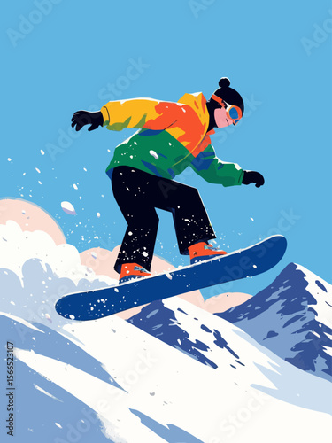  a snowboarder mid-jump in snowy mountains, close-up focus on the lower part of the snowboard in the foreground