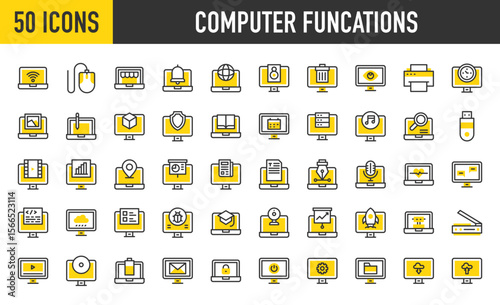 50 Computer functions icons. such as Cctv, Search, Text, 3d Modeling, Startup, Internet, Elearning, Design, News, Coding, Wifi, Recording, Gallery, Upload, Virus stroke vector illustration.