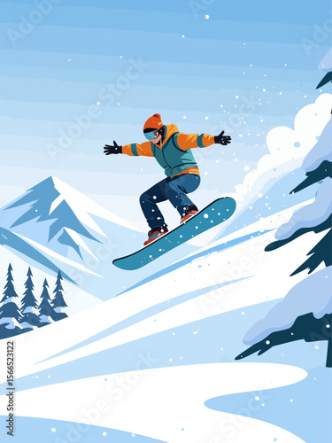  a snowboarder mid-jump in snowy mountains, close-up focus on the lower part of the snowboard in the foreground