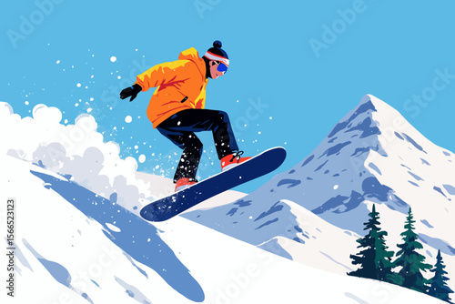  a snowboarder mid-jump in snowy mountains, close-up focus on the lower part of the snowboard in the foreground