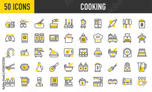 50 Cooking icons. such as Kitchen, Water Tap, Rolling Pin, Clean Dishes, Olive Oil, Serving, Bowl, Cooking Tools, Cl, Electric Mixer, Extractor Hood, Kitchen, Stove stroke vector illustration.