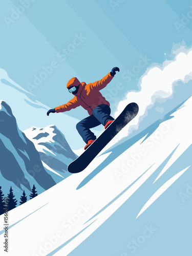  a snowboarder mid-jump in snowy mountains, close-up focus on the lower part of the snowboard in the foreground