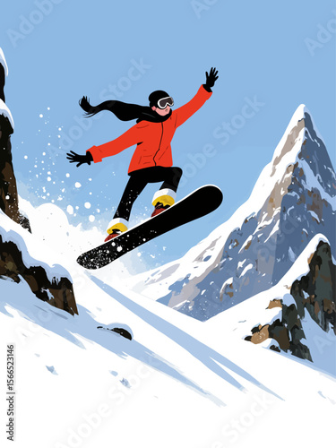  a snowboarder mid-jump in snowy mountains, close-up focus on the lower part of the snowboard in the foreground