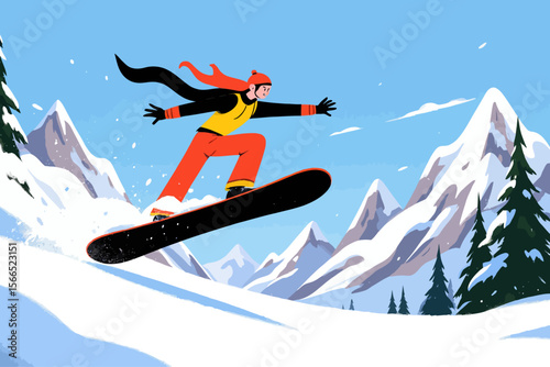  a snowboarder mid-jump in snowy mountains, close-up focus on the lower part of the snowboard in the foreground
