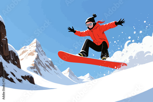  a snowboarder mid-jump in snowy mountains, close-up focus on the lower part of the snowboard in the foreground