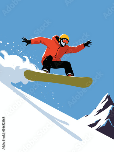  a snowboarder mid-jump in snowy mountains, close-up focus on the lower part of the snowboard in the foreground