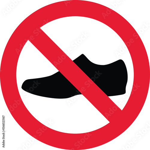 No shoes allowed sign with black shoe silhouette inside red circle