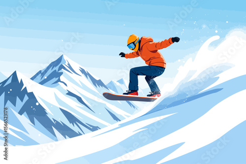  a snowboarder mid-jump in snowy mountains, close-up focus on the lower part of the snowboard in the foreground