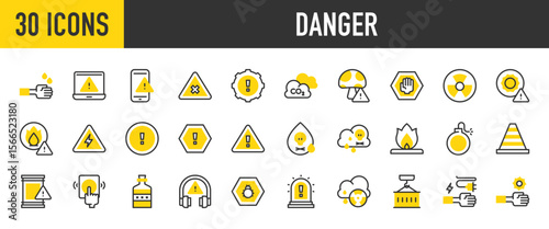 30 Danger icons. such as Warning, Electrical Danger Sign, Do Not Pass, Mushroom, Warning, Mobile Phone, Co2, High Noise, Fire, Bug, Alarm, Laptop, Poison, Bomb stroke vector illustration.