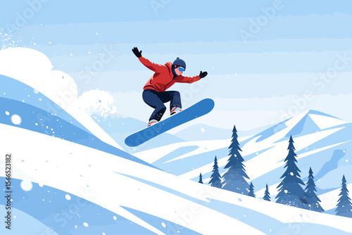  a snowboarder mid-jump in snowy mountains, close-up focus on the lower part of the snowboard in the foreground
