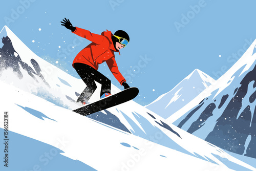  a snowboarder mid-jump in snowy mountains, close-up focus on the lower part of the snowboard in the foreground