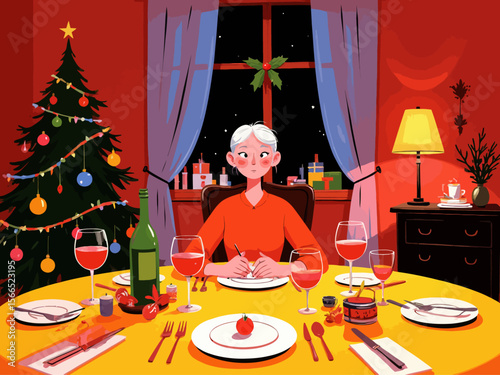 an older woman sitting alone at a christmas dinnertable