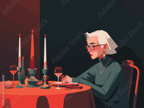 an older woman sitting alone at a christmas dinnertable