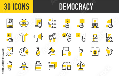 30 Democracy  icons. such as Support, Candidates, Justice Court, Debate, Vote, Justice Scale, Direction, Raise Hand, Choice, Protest, Capitol, Candidate, Dove stroke vector illustration.