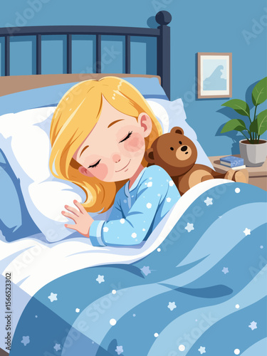  beautiful girl 7 years old sleeping in her modern bed with teddy bear, blue pajamas, blonde hair
