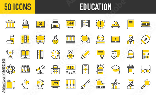 50 Education icons. such as Loupe, School, Trophy, Tutorial, Telescope, Chemical, Museum , School Bus, Degree, Mortarboard, Laptop, Student, Maths, Podium, Physics vector stroke illustration.
