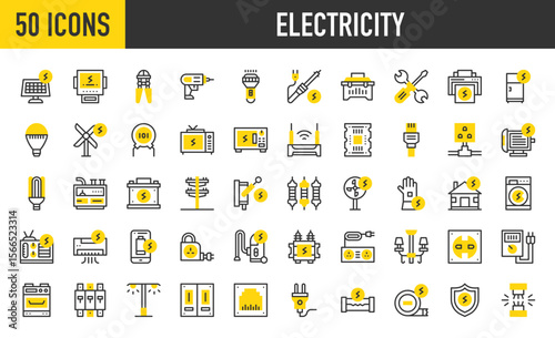 50 Electricity icons. such as Circuit Board, Street Lamp, Screwdriver, Soldering Iron, Insulating, Protection, Rj45, Knife Switch, Transformer, Drill, Fuse, Wires, Multi vector stroke illustration. 
