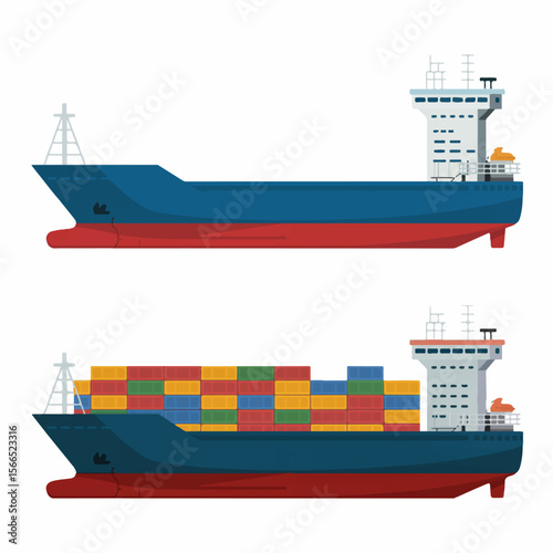 Flat Design Illustration of Two Cargo Ships A Container Ship and a Bulk Carrier