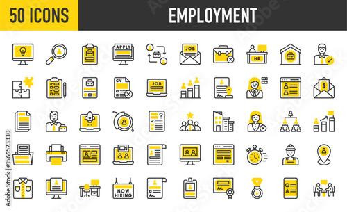 50 Employment icons. such as Puzzle, Best Employee, Task List, Shift, Document, Portal, Startup, Questionnaire, Goal, Worker, Hierarchy, Stopwatch, Selective, Job Offer vector stroke illustration.