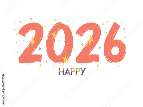big bold cartoony style text Happy New year 2026 on a white background