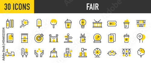 30 Fair icons. such as Target, Mask, Directional Sign, Can, Bumper Car, Corn Dog, Juggling, Circus, Hammer Game, Fortune Wheel, Light Bulb, Cotton Candy, Hot Dog vector stroke illustration.