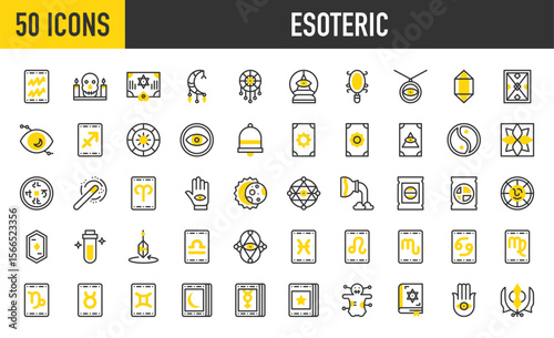 50 Esoteric icons. such as Pyramid, Fortune Teller, Sagittarius, Esoteric, Zodiac, Aquarius, Crystal, Dreamcatcher, Eclipse, Gemini, Hamsa, Aquarius, Hand, Hypnotic vector stroke illustration.