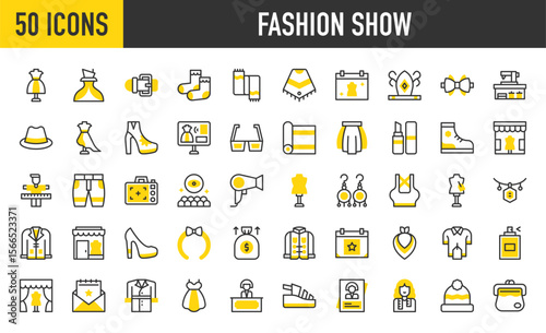 50 Fashion show icons. such as Hat, Fundraiser, Trade Show, Workshop, Belt, Asymmetrical , Fitting Room, Live Streaming, Audience, Mannequin, Top, Shoes, Photography vector stroke illustration.