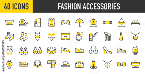 40 Fashion accessories icons. such as Bracelet, Make Up, Watch, Nail Polish, Bow, Ring, Purse, Necklace, Hat, Backpack, Earrings, Glasses, High Heels, Lipstick, Bag vector stroke illustration.