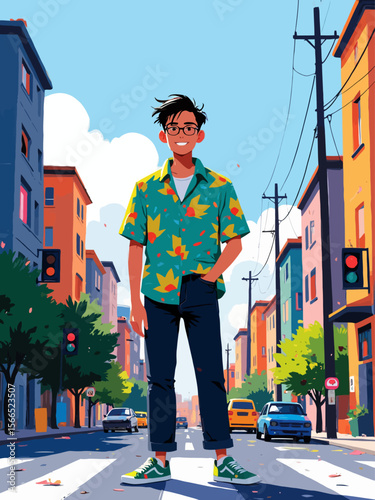 lazy man standing in street with a cheap sagging button-up shirt 