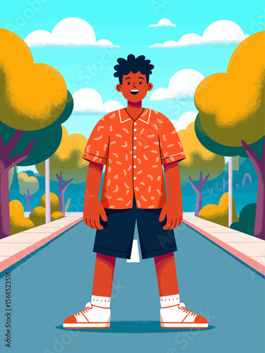 lazy man standing in street with a cheap sagging button-up shirt 