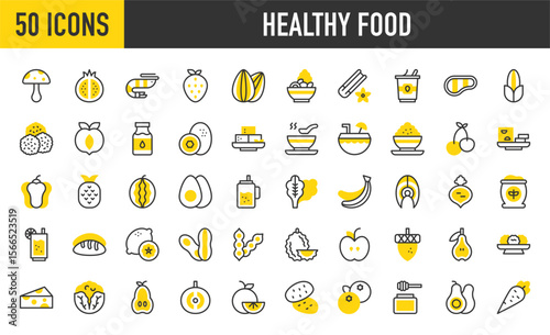 50 Healthy food icons. such as Yogurt, Beans, Cinnamon, Salad, Apple, Carrot, Grapefruit, Legumes, Potato, Cauliflower, Acorn, Soup, Cheese, Boiled Egg, Bread, Cherry vector stroke illustration.